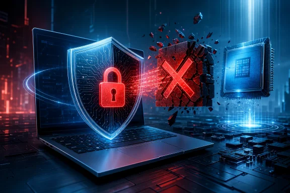 Glowing laptop with a digital shield locks down, smashing red X malware amid cyberpunk data streams. Glowing laptop with a digital shield locks down, smashing red X malware amid cyberpunk data streams.
