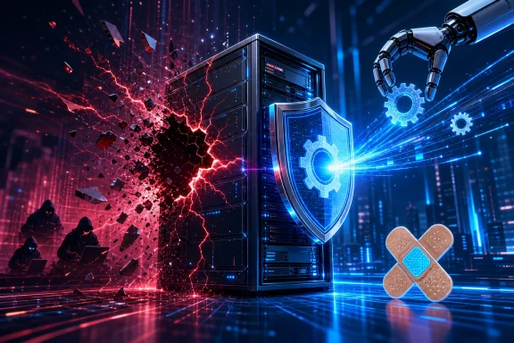 Cybersecurity server tower with glowing shield, attackers, and red electric shards amid neon blue data streams.