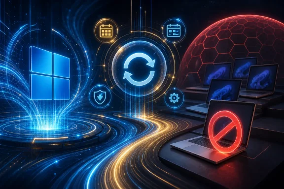 Neon cloud-sync and security icons surround connected laptops on a futuristic data-stream background.
