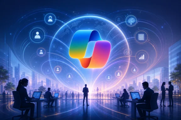 Office workers use computers beneath a glowing digital network sphere with user and AI icons. Office workers use computers beneath a glowing digital network sphere with user and AI icons.