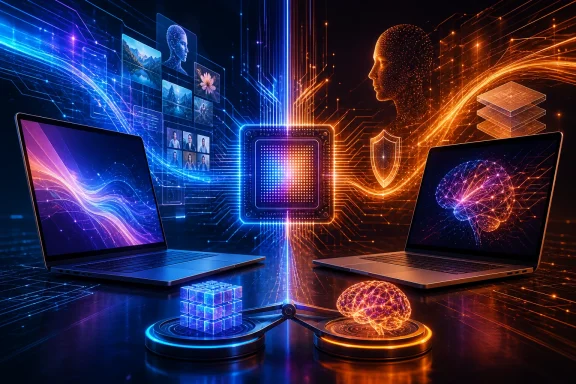 Two laptops facing each other with blue and orange AI circuitry, holographic chips, and glowing neural brain. Two laptops facing each other with blue and orange AI circuitry, holographic chips, and glowing neural brain.