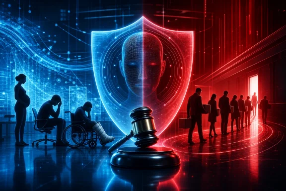 Futuristic courtroom scene with a holographic judge face, gavel foreground, and silhouettes in blue-red light. Futuristic courtroom scene with a holographic judge face, gavel foreground, and silhouettes in blue-red light.