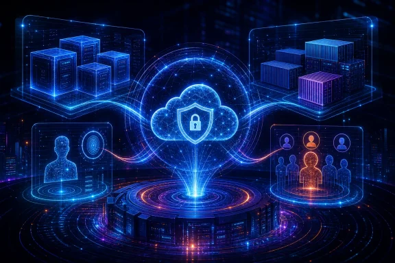Futuristic data center with cloud security shield and glowing user identity icons in a digital network. Futuristic data center with cloud security shield and glowing user identity icons in a digital network.