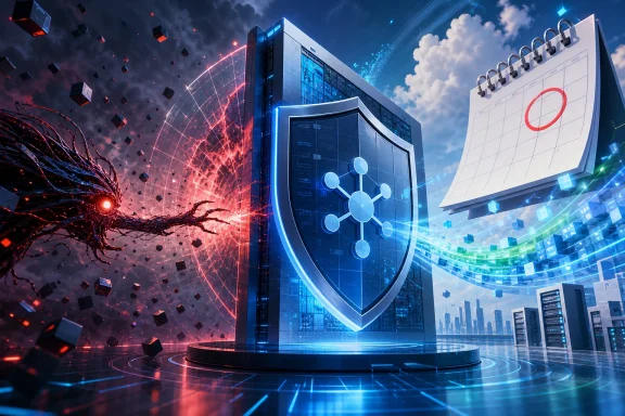 Futuristic data center with glowing blue shield, network nodes, and explosive red cyber effect.