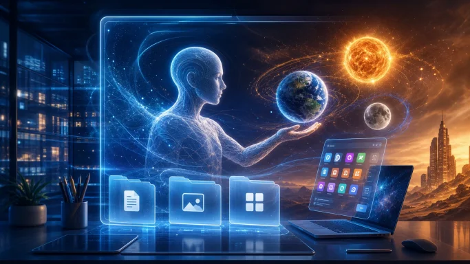 Futuristic AI woman projects global data with glowing Earth, sun, and icons across devices. Futuristic AI woman projects global data with glowing Earth, sun, and icons across devices.