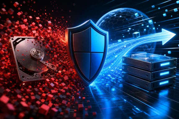Abstract cybersecurity image with a shield over a red HDD and blue data streams. Abstract cybersecurity image with a shield over a red HDD and blue data streams.