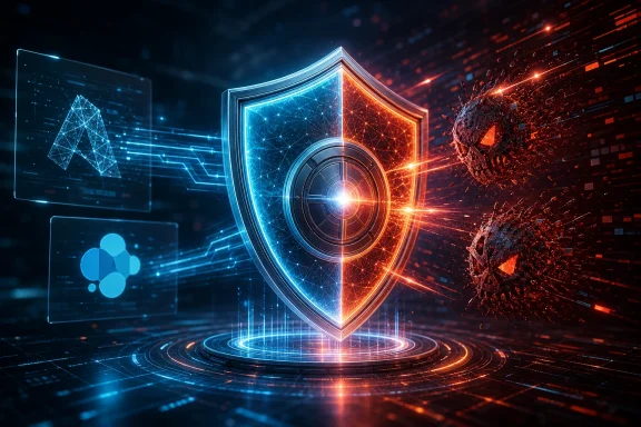 Futuristic cyber shield with blue and orange glow protecting against digital attack bursts.