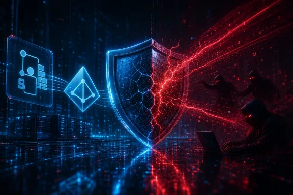 Hacker in hoodie shields data as blue and red cyber shields and code lines clash.