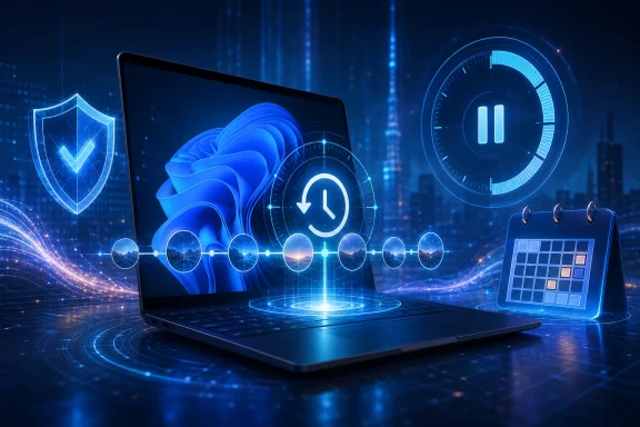 Futuristic blue cybersecurity concept showing a laptop with shield, clock, and calendar icons.