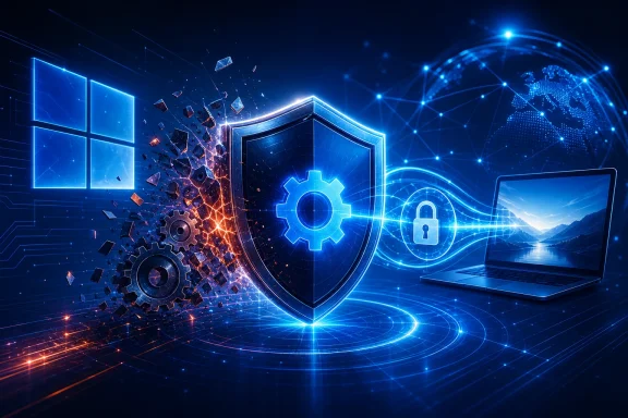Futuristic cybersecurity scene with a glowing shield, padlock, and explosive gear icons beside a laptop. Futuristic cybersecurity scene with a glowing shield, padlock, and explosive gear icons beside a laptop.