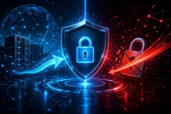 Digital cybersecurity scene with a glowing shield and padlock, framed by blue and red network lines. Digital cybersecurity scene with a glowing shield and padlock, framed by blue and red network lines.
