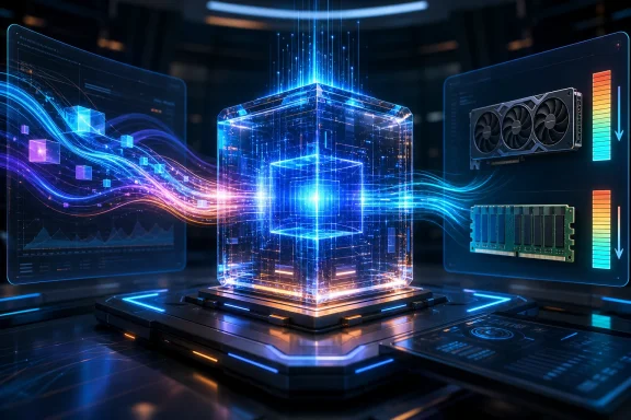 Futuristic AI servers display glowing blue holographic cube with GPU and memory modules. Futuristic AI servers display glowing blue holographic cube with GPU and memory modules.