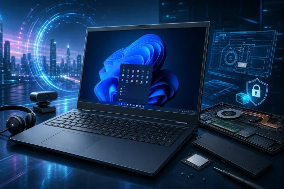 Futuristic cybersecurity workstation with a laptop showing Windows-style blue lock theme and tech HUD graphics.