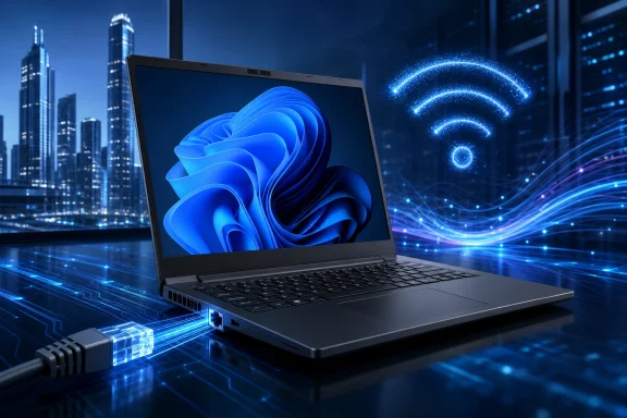 A laptop with a Windows-like screen sits in a futuristic blue city with glowing network data signals.