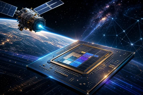 Orbiting satellite and space-themed circuit chip with glowing network lines over the Earth and stars. Orbiting satellite and space-themed circuit chip with glowing network lines over the Earth and stars.