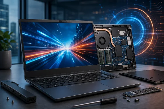 Open laptop with internal circuit exposed on a desk, featuring high-speed data and AI graphics.