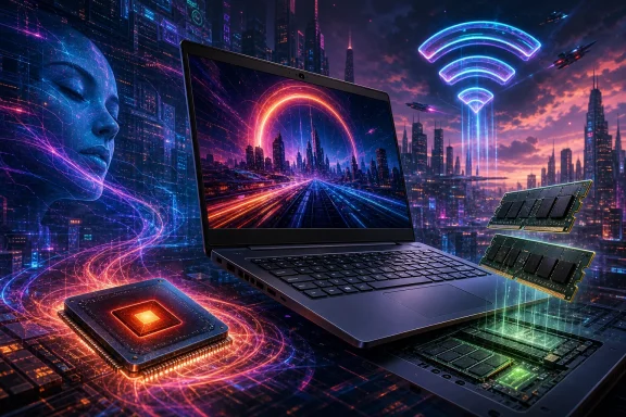 Futuristic city skyline with a laptop and glowing RAM chips amid neon sci‑fi data streams.