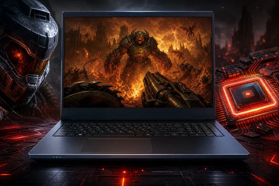 Gaming laptop with fiery war-themed artwork, surrounded by sci‑fi red LED hardware and a helmet.