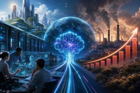 Futuristic city with engineers using holographic displays, blue AI globe, and glowing data streams powering industry growth. Futuristic city with engineers using holographic displays, blue AI globe, and glowing data streams powering industry growth.