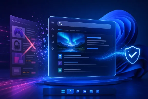 Futuristic blue laptop screen shows web content with search, notifications, and a glowing shield icon.