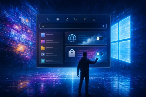 A lone figure stands in a neon digital control room with UI panels showing cloud, lock, and globe icons.