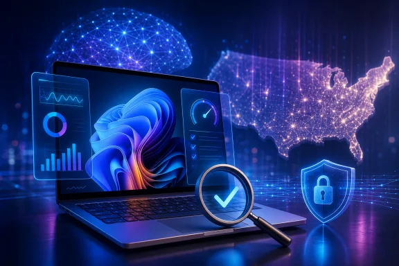 Digital cybersecurity concept: laptop with shield and magnifying glass, analytics and map network behind.