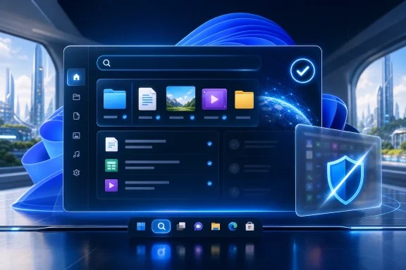 Futuristic holographic computer UI with app tiles, search, checkmarks, and a glowing shield security icon.