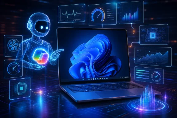 Futuristic AI robot and laptop display with blue neon analytics and circuit-like holograms.
