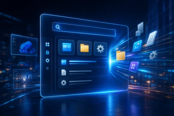 Futuristic blue search interface with glowing file and app icons rushing through motion blur.