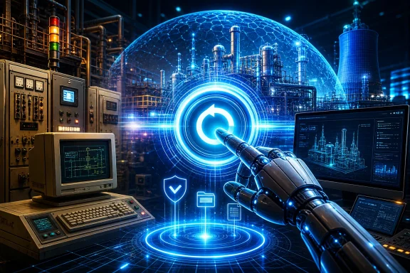 Blue holographic gateway and glowing data symbols over an industrial control room with a robotic hand. Blue holographic gateway and glowing data symbols over an industrial control room with a robotic hand.