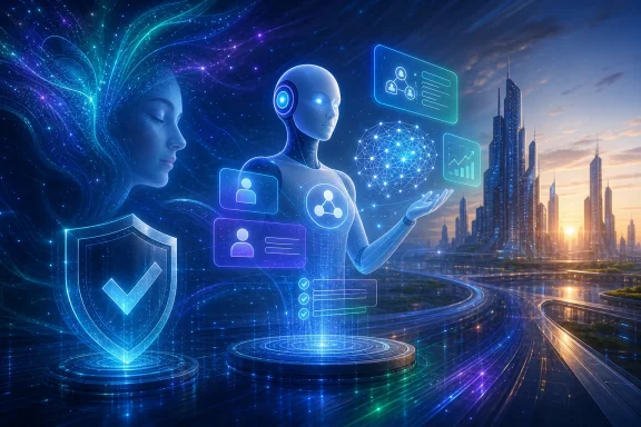 Futuristic AI assistant in a neon data network guarding a digital shield over a smart city skyline. Futuristic AI assistant in a neon data network guarding a digital shield over a smart city skyline.