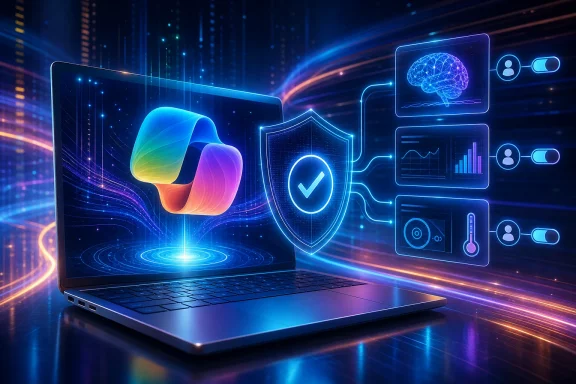 Futuristic laptop screen shows AI brain analytics and cyber shield icons with glowing circuitry.