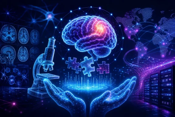 Digital brain visualization with neural networks, puzzle pieces, and glowing servers in futuristic blue-purple lab scene.
