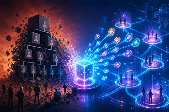 Binary network with glowing figures versus stacked dark user icons, split orange and blue cyber scenes.