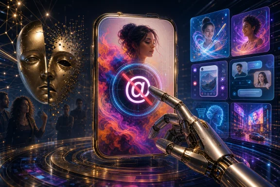 Futuristic AI interface with glowing avatars and a robotic hand, set before a gold face and neon panels. Futuristic AI interface with glowing avatars and a robotic hand, set before a gold face and neon panels.