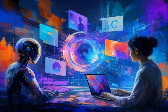 Two people in a neon-lit workspace with floating UI screens and holographic data around a glowing digital portal. Two people in a neon-lit workspace with floating UI screens and holographic data around a glowing digital portal.