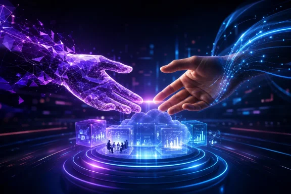 Futuristic AI interface shows glowing hands, data cubes, and holographic network lines in blue and purple. Futuristic AI interface shows glowing hands, data cubes, and holographic network lines in blue and purple.