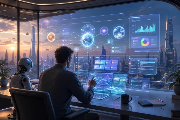 Man and humanoid robot viewing holographic AI dashboards over a futuristic city skyline at sunset.