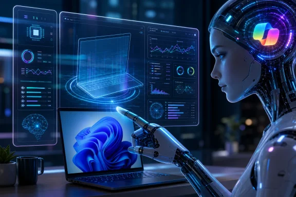 Futuristic AI lab scene with robotic head, holographic dashboards, and a microscope beside a laptop.