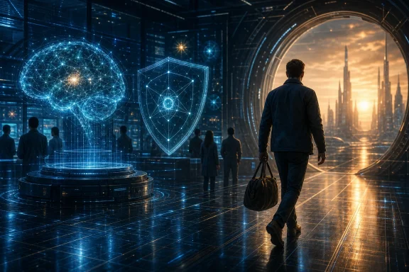 A traveler walks through a high-tech city as glowing AI shields and neural networks display security. A traveler walks through a high-tech city as glowing AI shields and neural networks display security.