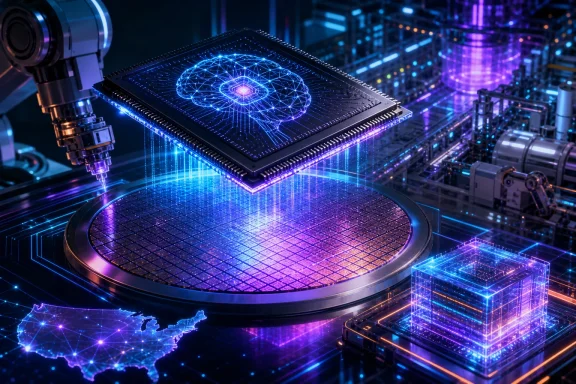 Blue-lit microchip-like device with holographic neural network over a futuristic semiconductor lab. Blue-lit microchip-like device with holographic neural network over a futuristic semiconductor lab.