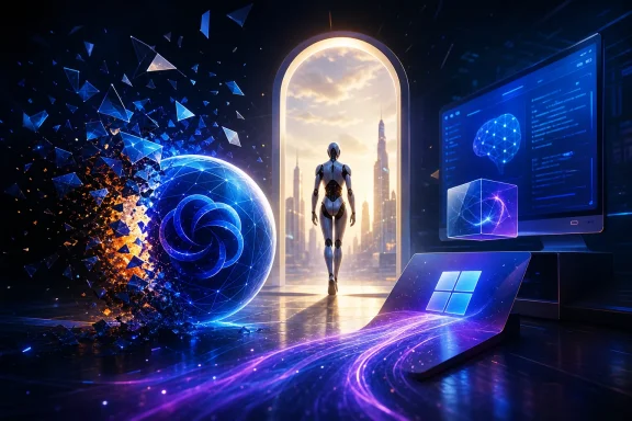 Futuristic robot walks through a glowing portal amid digital screens and floating holographic fragments.