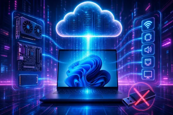 Cloud server computing scene with a laptop, neon connectivity icons, and a glowing blue Windows logo.