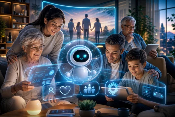 Family learns together with a glowing AI hologram and smart technology in a cozy living room. Family learns together with a glowing AI hologram and smart technology in a cozy living room.