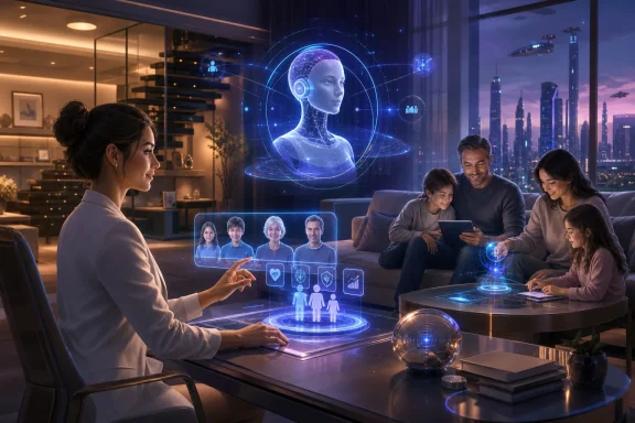 A woman demonstrates an AI hologram interface in a futuristic meeting room with a team on screens. A woman demonstrates an AI hologram interface in a futuristic meeting room with a team on screens.