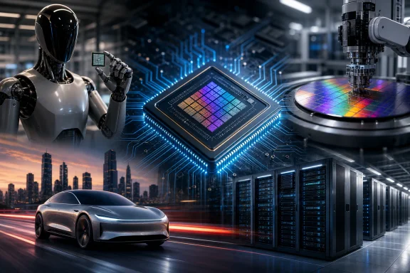 Futuristic AI robot and robotic arm surround a glowing microchip beside a data center server rack. Futuristic AI robot and robotic arm surround a glowing microchip beside a data center server rack.