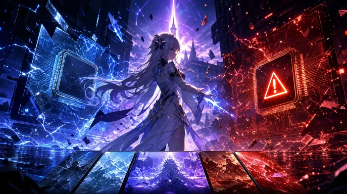 Futuristic anime hero in a blue-versus-red cyber battlefield, energy blades glowing amid falling debris. Futuristic anime hero in a blue-versus-red cyber battlefield, energy blades glowing amid falling debris.