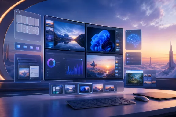 Futuristic workspace with multiple glowing screens showing Windows-style software and charts at sunset. Futuristic workspace with multiple glowing screens showing Windows-style software and charts at sunset.