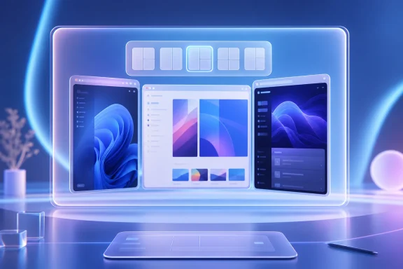 Futuristic blue digital interface showing three tablet screens with UI tiles on a glowing desk. Futuristic blue digital interface showing three tablet screens with UI tiles on a glowing desk.