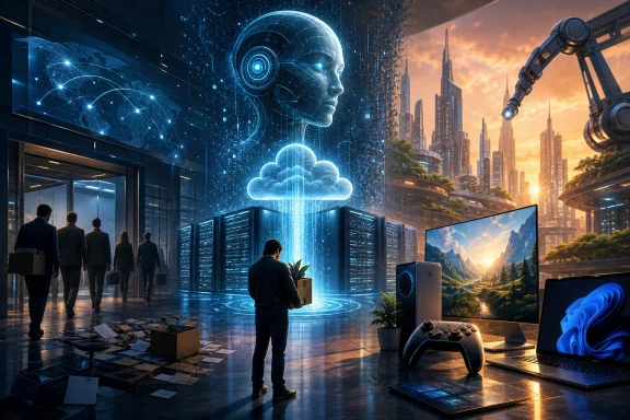 Futuristic office with a glowing AI head, cloud data stream, and robotic arm over a city skyline. Futuristic office with a glowing AI head, cloud data stream, and robotic arm over a city skyline.